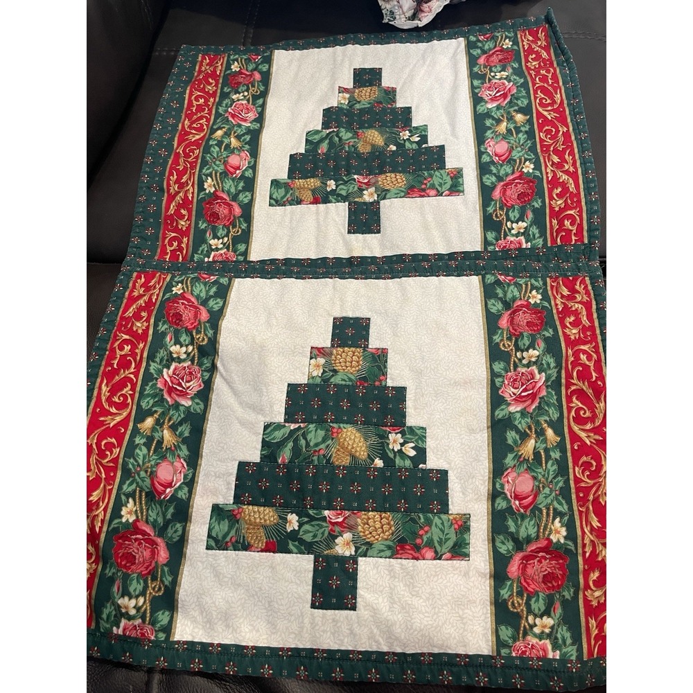 Set Of 2 Placemats Christmas Tree Design & Hunger Green w/ Holly Backing